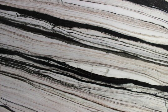 Texture of Zebra White or Panda White marble with bold black stripes contrasting on a clean ivory white base.