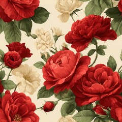 Elegant, chic, vintage seamless repeatable pattern featuring red garden roses and ranunculus with warm green leaves, light ivory background