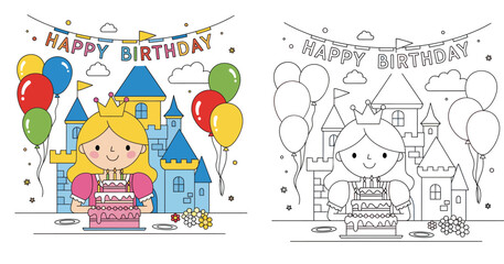 Cute princess holding birthday cake with castle background, vector illustration set showing colored version and black and white coloring page outline for kids activity book. © SHOHAG