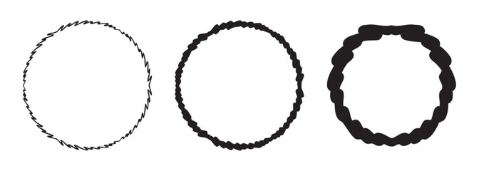 hree black circular border elements with textured edges &mdash; ideal for graphic design and decorative layout.