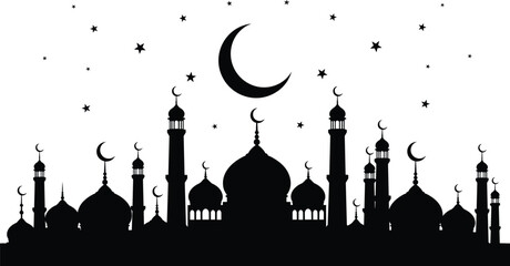 Black silhouette of mosque with minarets and domes under starry night sky with crescent moon © Shamim creative 