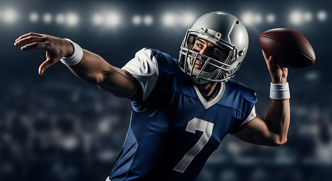 Professional American football player throwing ball in stadium