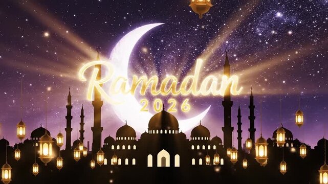 Ramadan 2026 celebration with mosque silhouette and crescent moon.