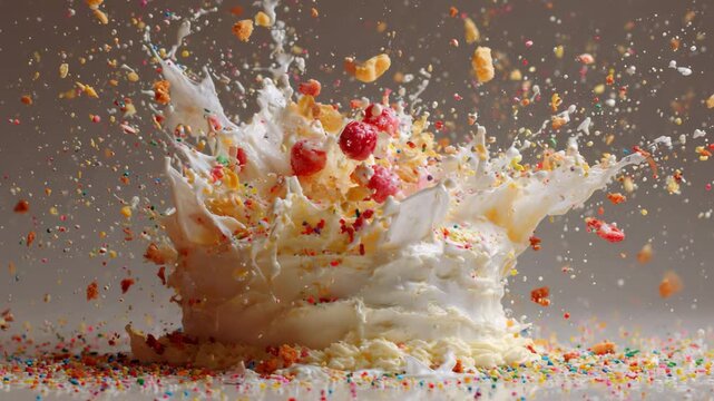 A white frosted cake explodes with colorful sprinkles and cereal pieces flying everywhere