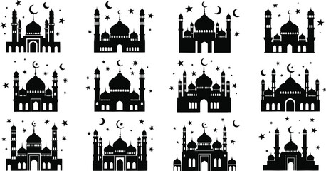Black silhouettes of mosques with domes and minarets surrounded by stars and crescent moons on white background © Shamim creative 