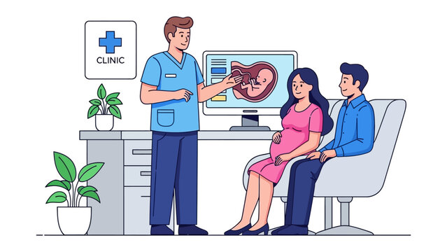 Prenatal Care Consultation: A health professional explains sonogram to a pregnant mother and her partner, creating a moment of anticipation.