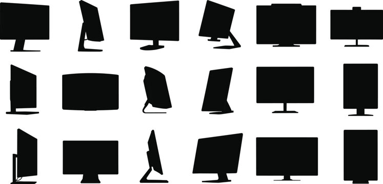 Black Computer Monitor Silhouette Vector Set Featuring Various Display Screens Desktop PCs and TV Icons from Different Angles for Technology Workspace and Office Design Projects