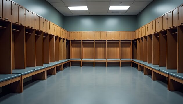 Empty modern wooden gym locker room with benches and bright lighting interior design