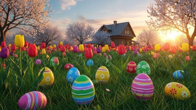 A vibrant field of tulips and easter eggs with a house in the background