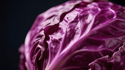 Obraz premium Close-up of a vibrant, fresh red cabbage with its textured leaves, a healthy and nutritious vegetable, isolated on a dark background