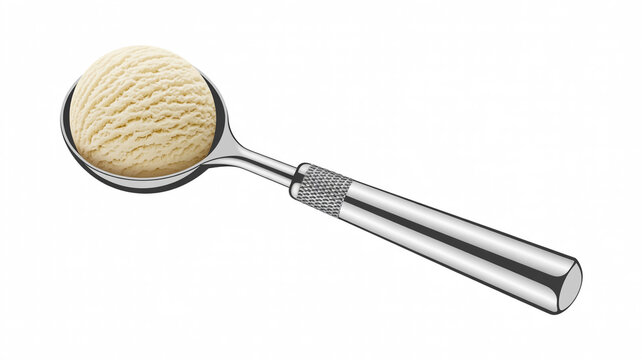 A close-up view of a scoop of creamy vanilla ice cream on a shiny metal ice cream scooper