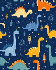 Cute Cartoon Dinosaurs in Space Seamless Pattern. Whimsical Dino Adventure with Rockets and Stars for Kids.