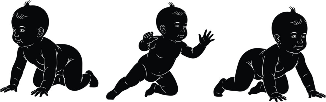 Baby crawling silhouettes collection, infant movement stages illustration, adorable toddler poses isolated on white background, childcare growth development concept