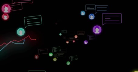 Floating neon chat bubble cluster and avatar discs curving across dark canvas, with red-blue graph