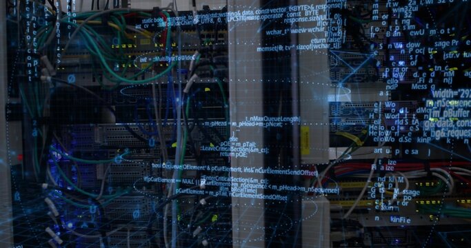 Showing rackmount servers and switches in data center rack with colored Ethernet cables, overlay