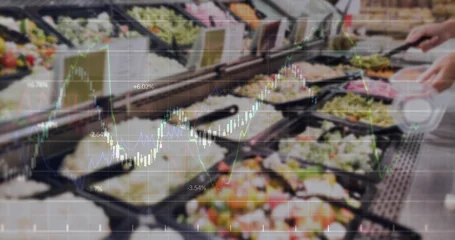 Fotobehang Buffet Selecting customer gripping tongs and white plate at retail salad bar, showing stock charts overlay  © vectorfusionart