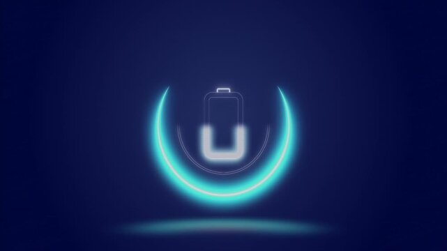 Magenta ribbon entering left sweeping past centered battery, drawing cyan arc, indicating charge