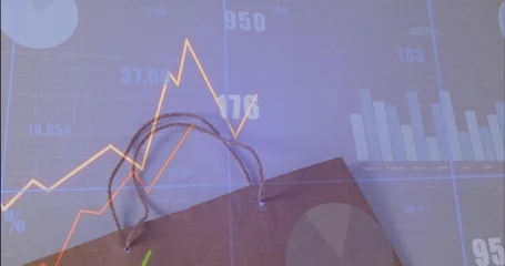 Fotobehang Buffet Projecting orange line and blue bar charts over brown kraft paper bag with twisted cord handles  © vectorfusionart