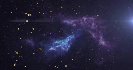 Fototapeta premium Glowing central purple-blue nebula stretching in deep space, with gold confetti, right lens flare