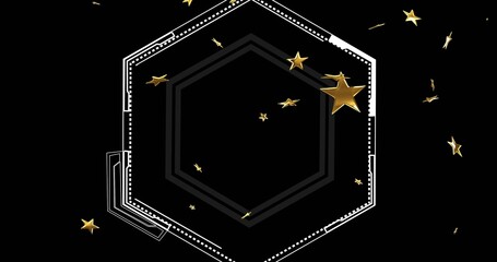 Obraz premium Showing central hexagon emblem on black with layered lines, dark gray core, gold stars and confetti