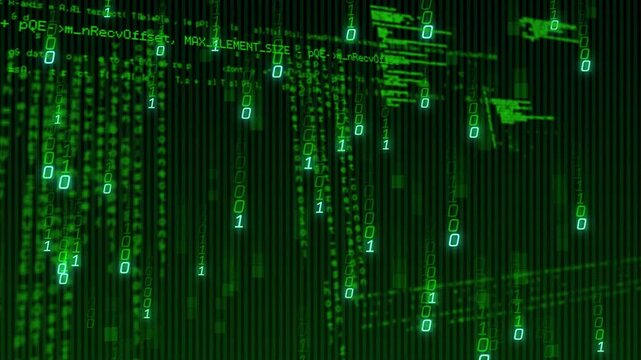 Faint scanline starting green bit streams falling over dark canvas forming code panes for data view