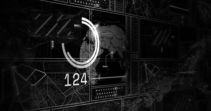 Displaying central HUD on monitor showing world map India with circular gauge and readout 124