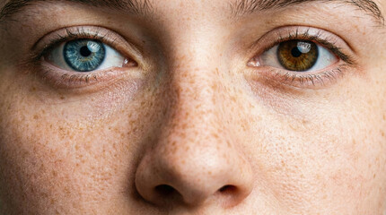 Naklejka premium woman face with heterochromia different colored eyes and freckles