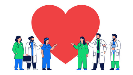 Medical Team's Heartfelt Care: A dedicated medical team stands united, symbolizing compassion and care, in front of a prominent heart, representing the essence of healthcare.  © azizunnahar