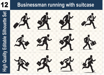 Silhouette set of a businessman running with a suitcase, representing urgent deadlines, fast-paced career growth, and professional business travel.
