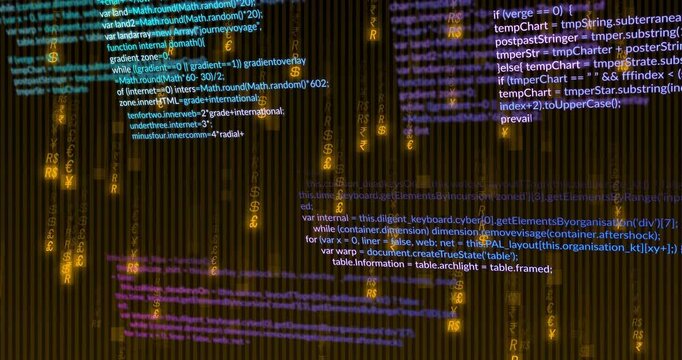 Code snippets appearing, layered code blocks sliding and golden glyphs falling, visualizing flow