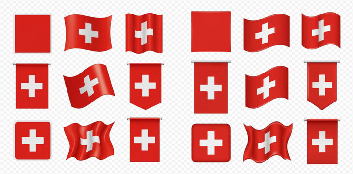 Set of realistic 3D Swiss flag illustrations in various shapes and waving styles on a transparent background.