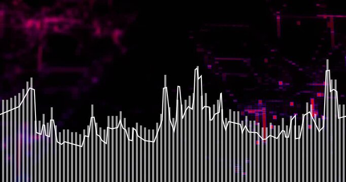 On play start, white bars and waveform rising, spiking, revealing purple glitches visualizing music
