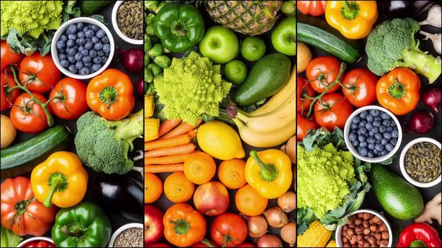 Healthy eating ingredients: fresh vegetables, fruits and superfood. Nutrition, diet, vegan food concept.