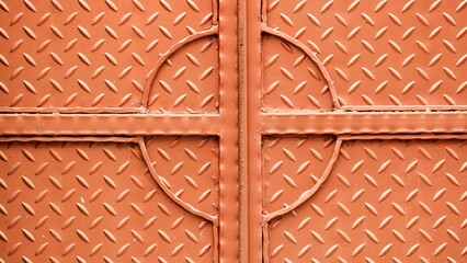 Naklejka premium Close-up of orange diamond plate metal with a circular geometric cross design. Industrial non-slip texture and embossed pattern on a heavy-duty steel gate or warehouse floor.