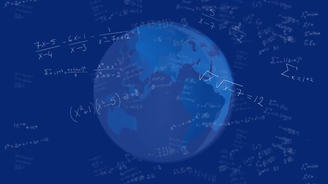 On start blue globe rotating, chalk equations orbiting and fading to show math concepts