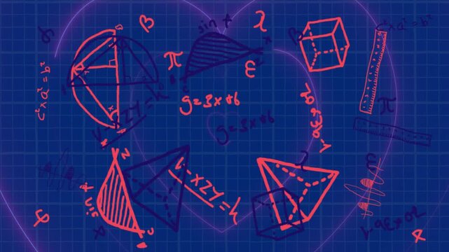 Loop start, purple halo pulsing and grid shimmering around red neon sketches, highlighting geometry