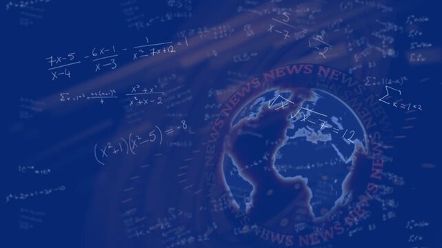 On intro cue, glowing globe with NEWS ring rotating while math formulas floating, visualizing news