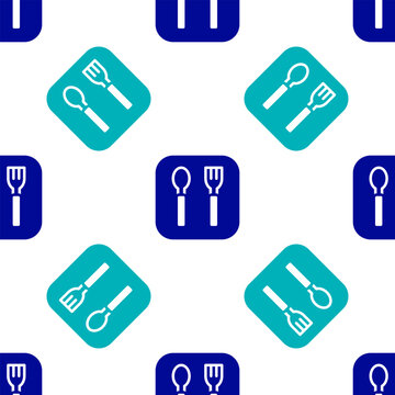 Blue Fork and spoon icon isolated seamless pattern on white background. Cooking utensil. Cutlery sign. Vector