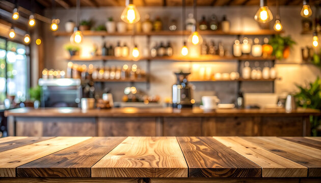 Empty wooden table with blurred a cafe or coffe shop background