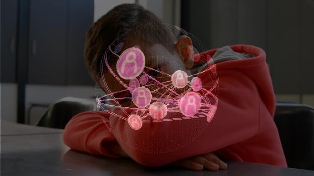 Student resting while animated network sphere fading in, orbiting and obscuring face, teaching tech