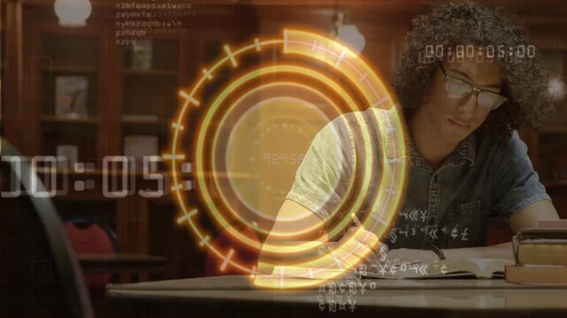 Male student starting timer, flipping pages, writing notes, studying, HUD overlay obscuring torso