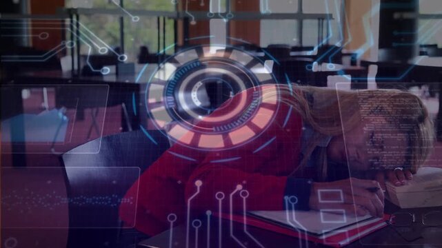 Female student resting on notebook after studying, HUD activating rotating rings revealing face