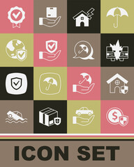 Set Money with shield, House, Car accident, and lightning, Shield hand, world globe, Approved check mark and Umbrella icon. Vector
