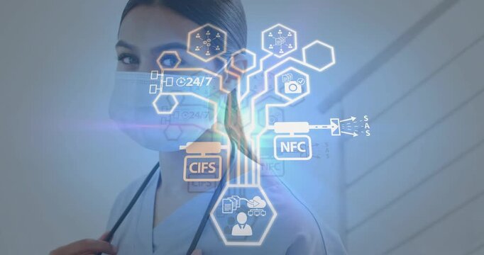 Nurse adjusting stethoscope, initiating records access, hex UI overlaying shoulder then receding