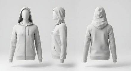 Obraz premium Blank White Zip-Up Hoodie Mockup Displayed from Front, Side, and Back Angles on a White Background