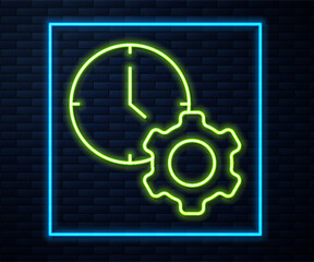 Fototapeta premium Glowing neon line Time management icon isolated on brick wall background. Clock and gear sign. Productivity symbol. Vector