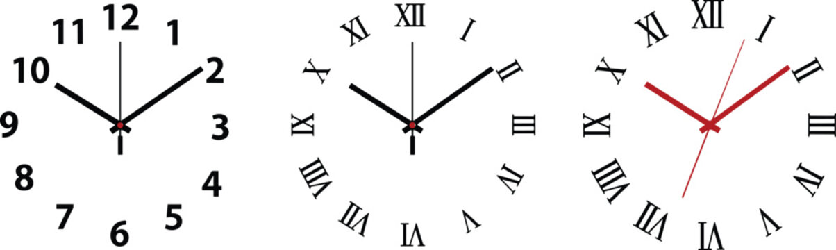 Collection of three minimalist clock faces with Arabic and Roman numerals showing ten past ten isolated on a white background