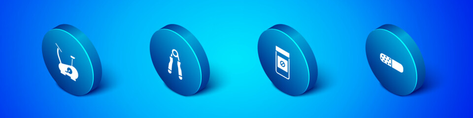 Set Isometric Stationary bicycle, Anabolic drugs, Vitamin pill and Sport expander icon. Vector