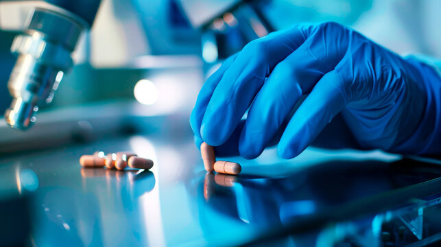 A researcher checks a medicine for manufacturing quality. A doctor examines tablets and capsules.