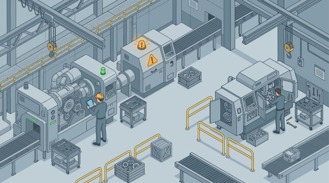 Isometric Industrial Factory Maintenance and Repair Illustration. Engineers Servicing CNC Machines and Automated Production Line. Industry 4.0 Smart Manufacturing and Technical Support Concept.